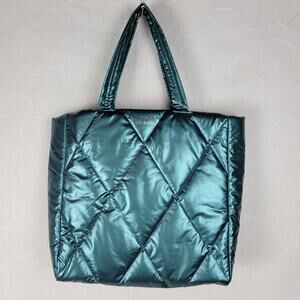 Victorias Secret Womens Tote Bag Large Green Metallic Quilted Puffer 14" NEW